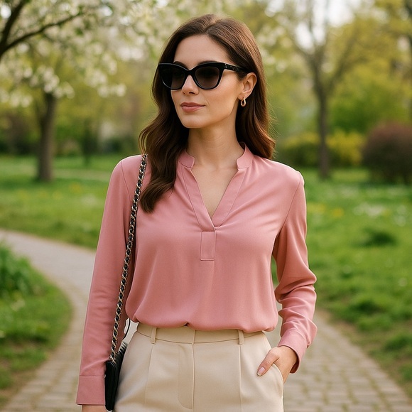 Olsen Europe Pink Satin V-neck Blouse 6 - Picture 1 of 15
